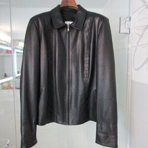 Black Italian Leather Coat Jacket--Made In Italy--Front Zipper--Size 48